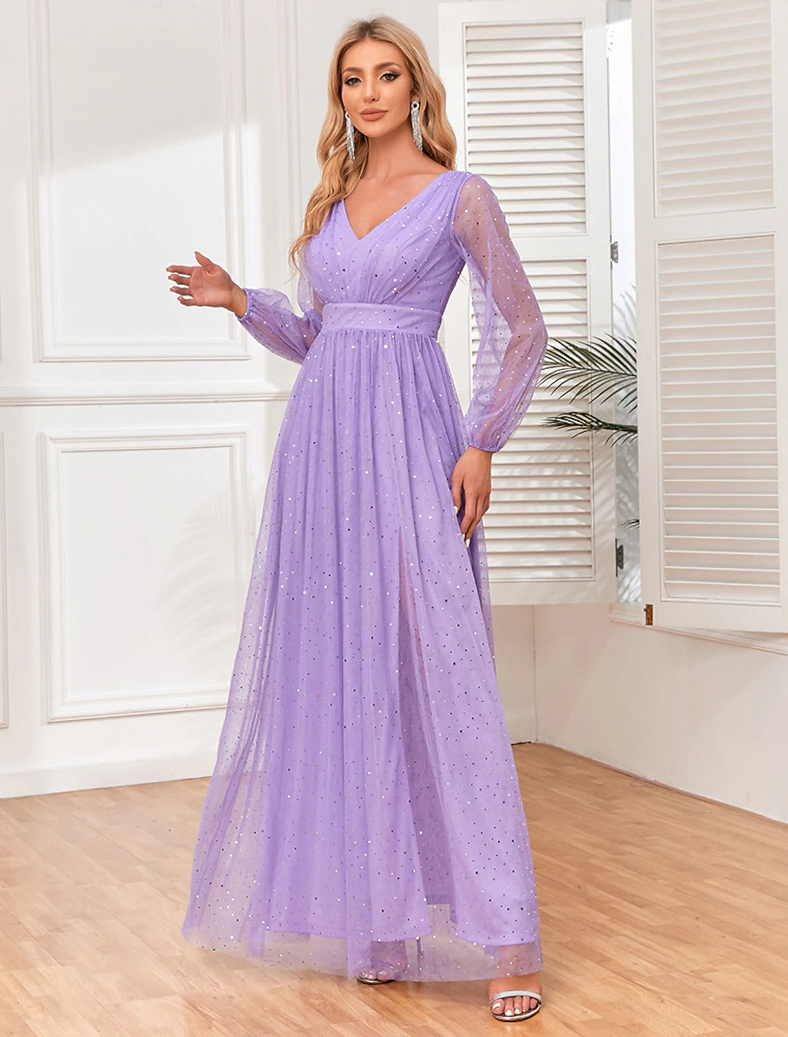 Abito da sera a trapezio, stile impero, per matrimonio, sera, festa, lunghezza al pavimento, senza maniche, scollo a V, tulle, schiena a V con glitter
