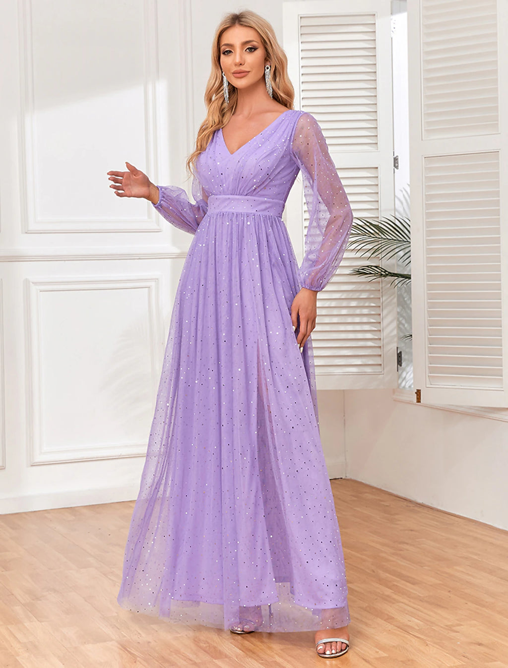 Lavender Glitter Tulle A-Line V-Neck Floor-Length Bridesmaid Dress with High Slit