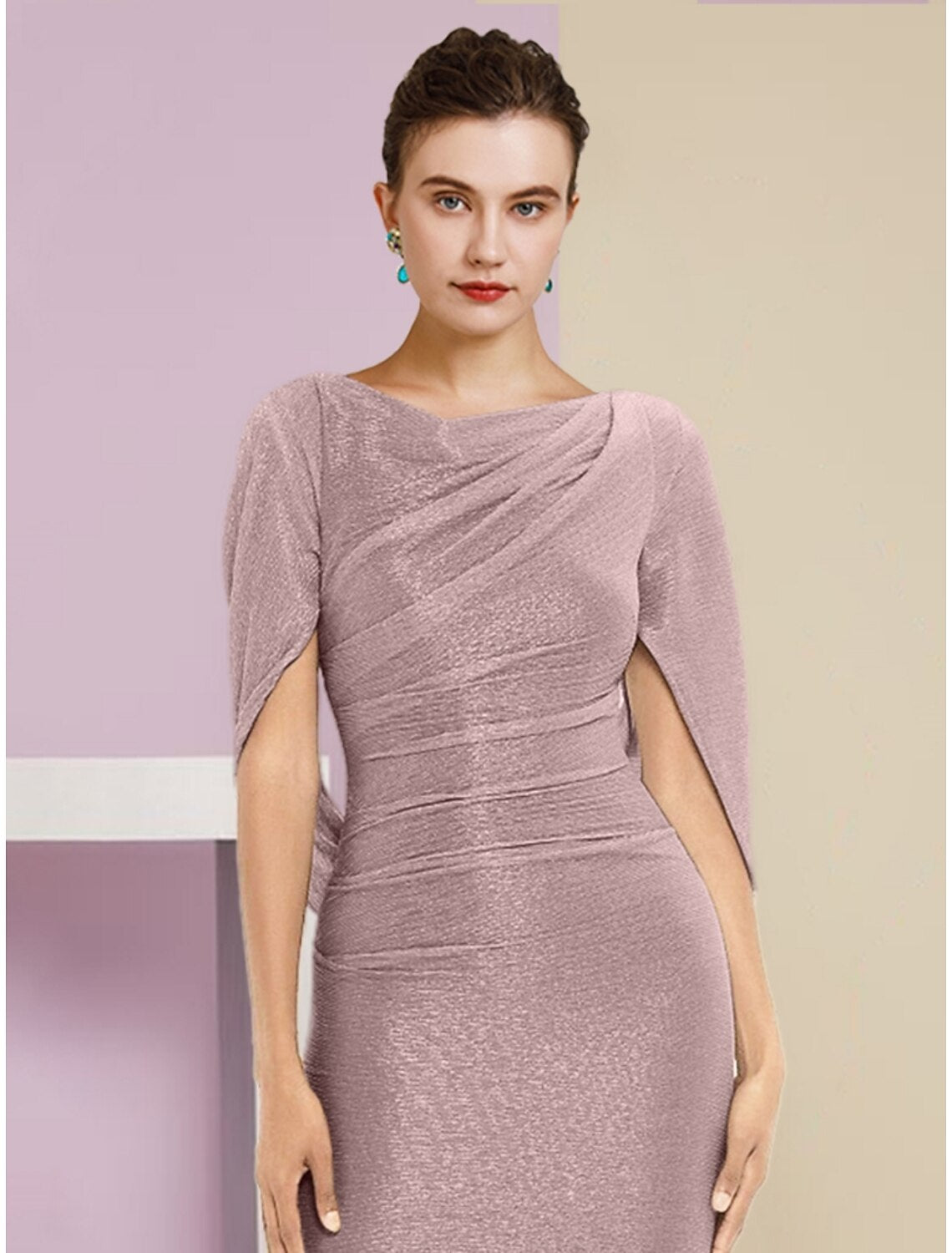 Vestido de sirena/trompeta para madre de la novia, para invitada de boda, brillo y resplandor, elegante, escote redondo, largo hasta los tobillos, gasa, media manga con fruncido de lentejuelas, color liso