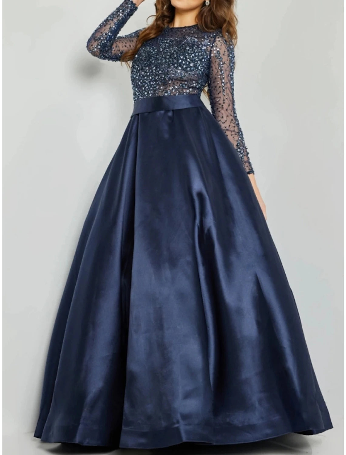 A-Line Evening Gown Sparkle & Shine Dress Formal Wedding Guest Floor Length Long Sleeve Jewel Neck Sequined with Glitter Pleats 2025