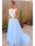 Sky Blue Lace A-Line Floor-Length Evening Dress