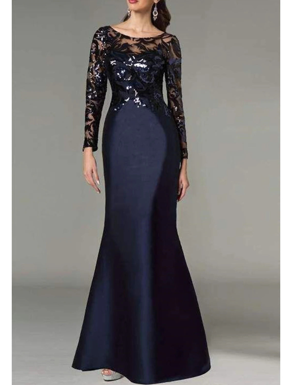 Abito da sposa a sirena/tromba per la madre della sposa, elegante, scintillante e brillante, con scollo gioiello, lunghezza pavimento, in raso, con paillettes, maniche lunghe e blocchi di colore con paillettes