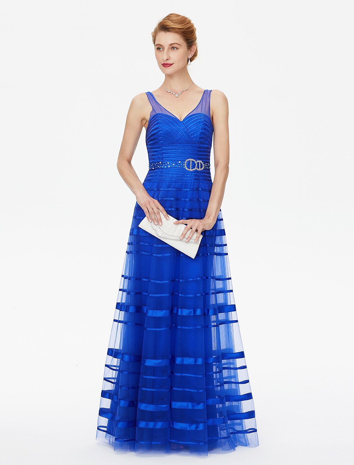 Abito da madre della sposa a trapezio, con spalline scoperte sulla schiena, lunghezza al pavimento, in tulle e raso, senza maniche, con perline