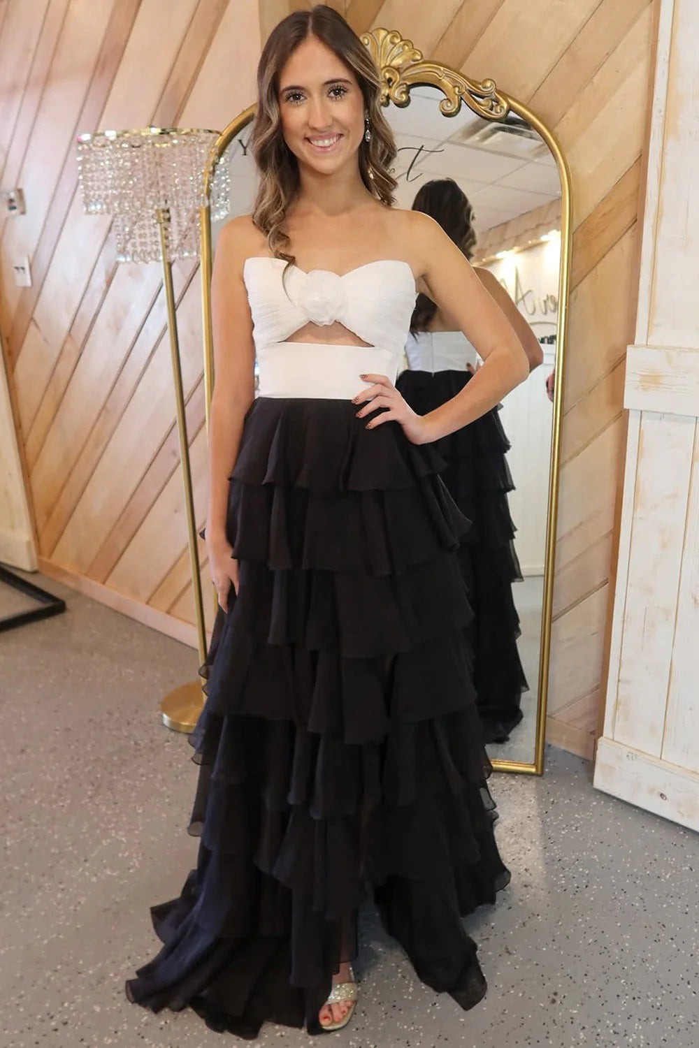 Black and White Chiffon tiered sweetheart zipper-back floor-length Dress Front View - Jimiss