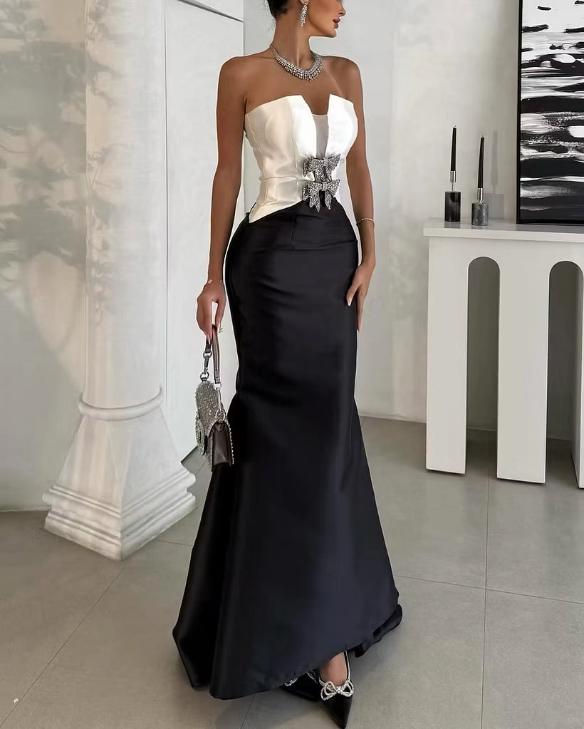 Black and White Satin Mermaid Sweetheart Zipper Back Floor-Length Dress Front View - Jimiss