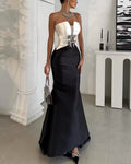 Black and White Satin Mermaid Sweetheart Zipper Back Floor-Length Dress Front View - Jimiss