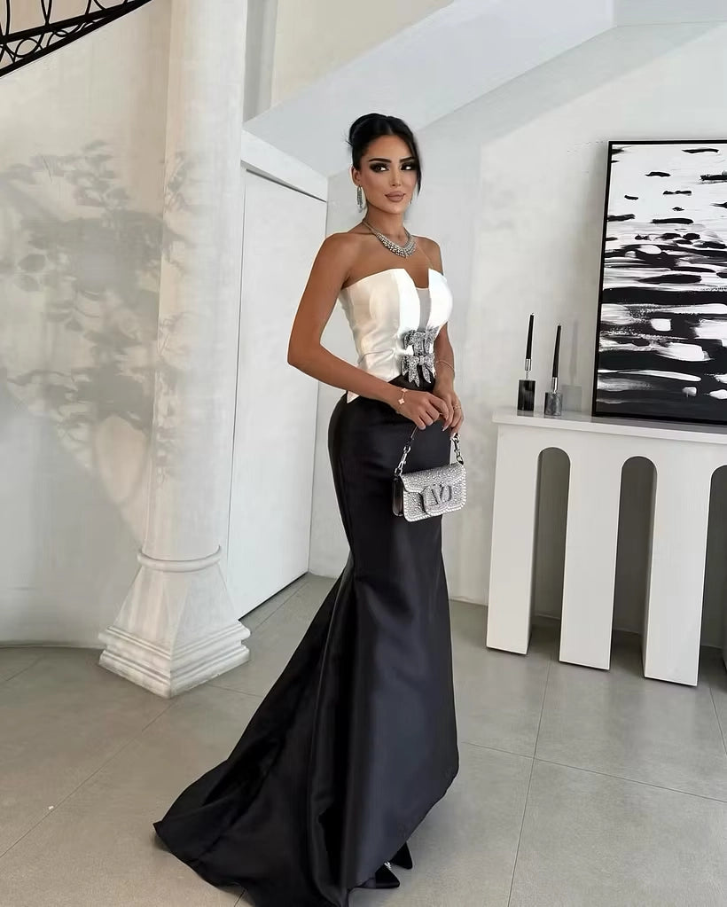 Black and White Satin Mermaid Sweetheart Zipper Back Floor-Length Dress Front View - Jimiss