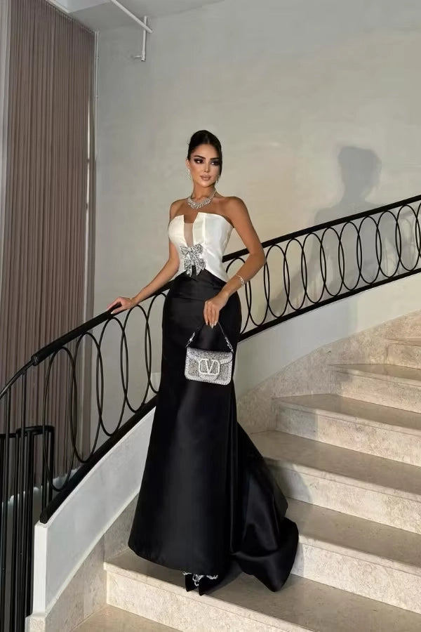 Black and White Satin Mermaid Sweetheart Zipper Back Floor-Length Dress Front View - Jimiss