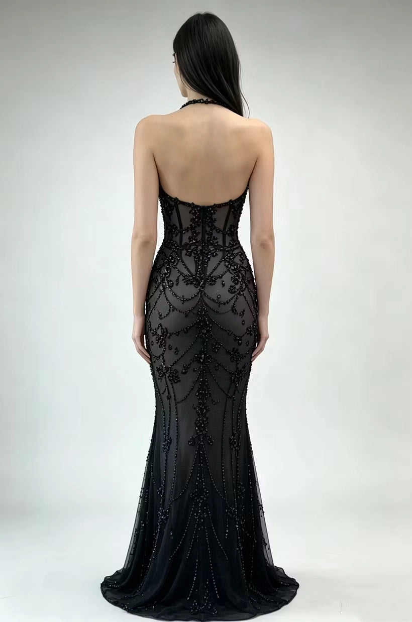 Black Beaded Mesh Mermaid Halter Open Back Floor-Length Dress Back View - Jimiss