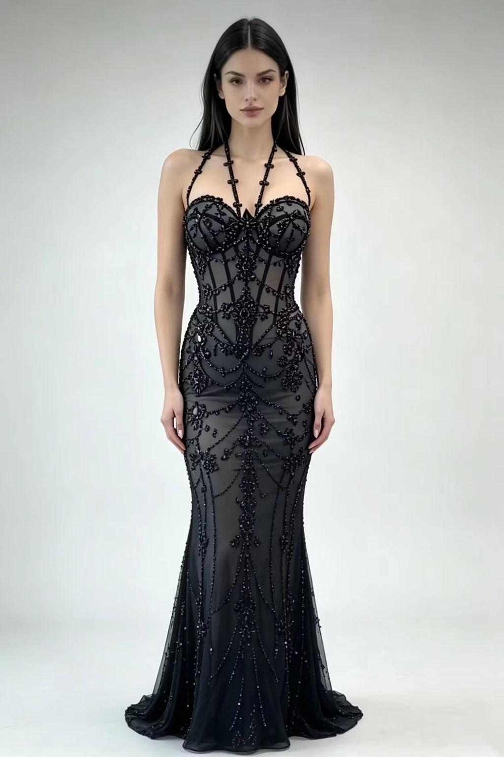 Black Beaded Mesh Mermaid Halter Open Back Floor-Length Dress Front View - Jimiss