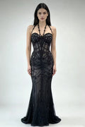 Black Beaded Mesh Mermaid Halter Open Back Floor-Length Dress Front View - Jimiss