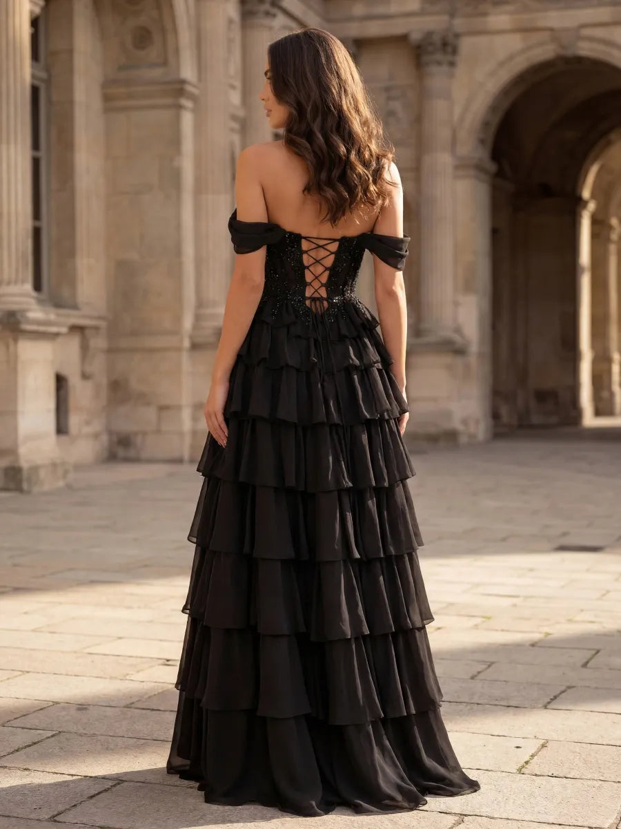 Black Chiffon tiered sweetheart lace-up-back floor-length Dress - Jimiss