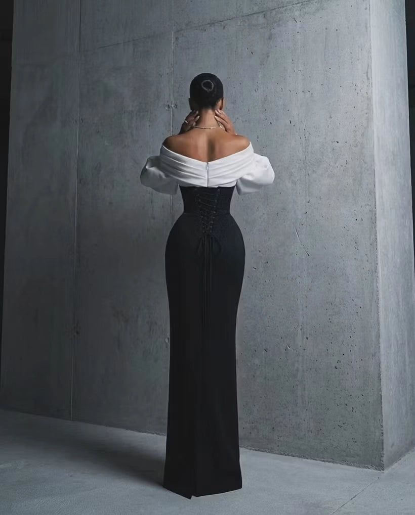 Black Crepe Sheath/column Off-the-Shoulder Lace-up Floor-Length Dress Back View - Jimiss