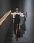 Black Crepe Sheath/column Off-the-Shoulder Lace-up Floor-Length Dress Front View - Jimiss