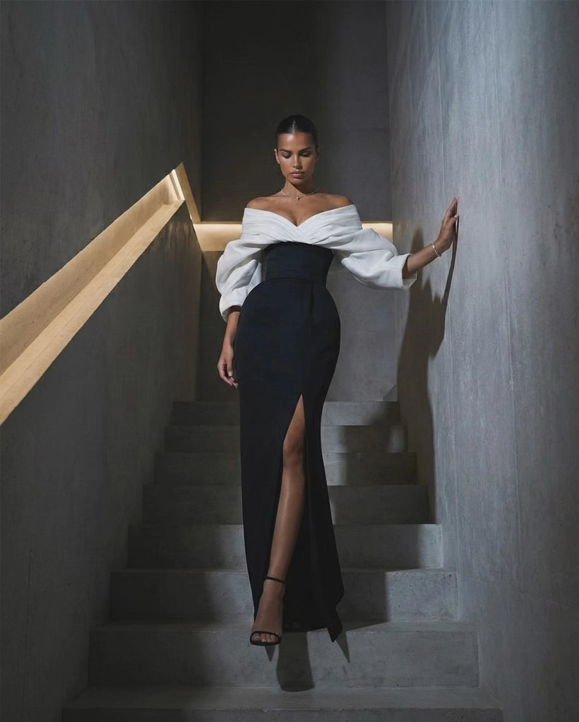 Black Crepe Sheath/column Off-the-Shoulder Lace-up Floor-Length Dress Front View - Jimiss