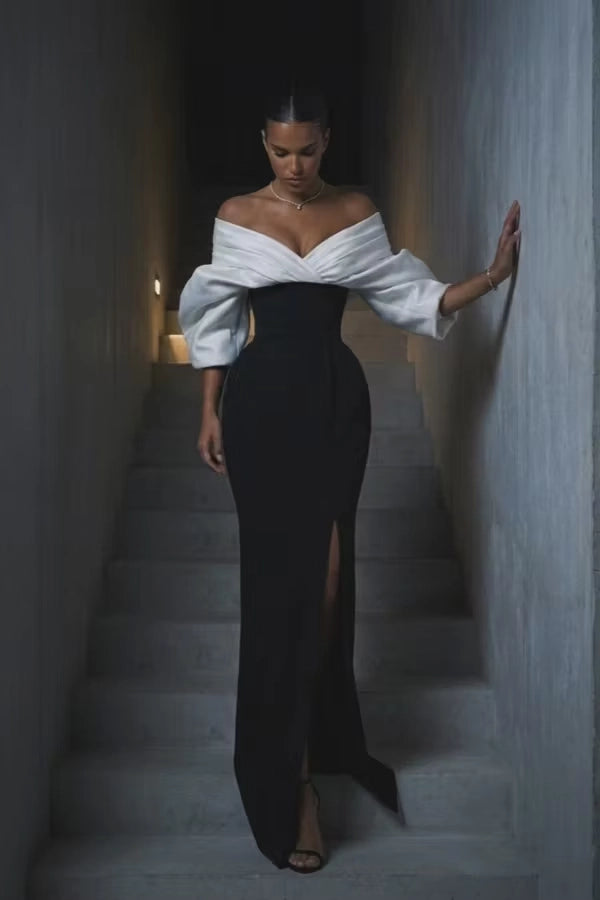 Black Crepe Sheath/column Off-the-Shoulder Lace-up Floor-Length Dress Front View - Jimiss