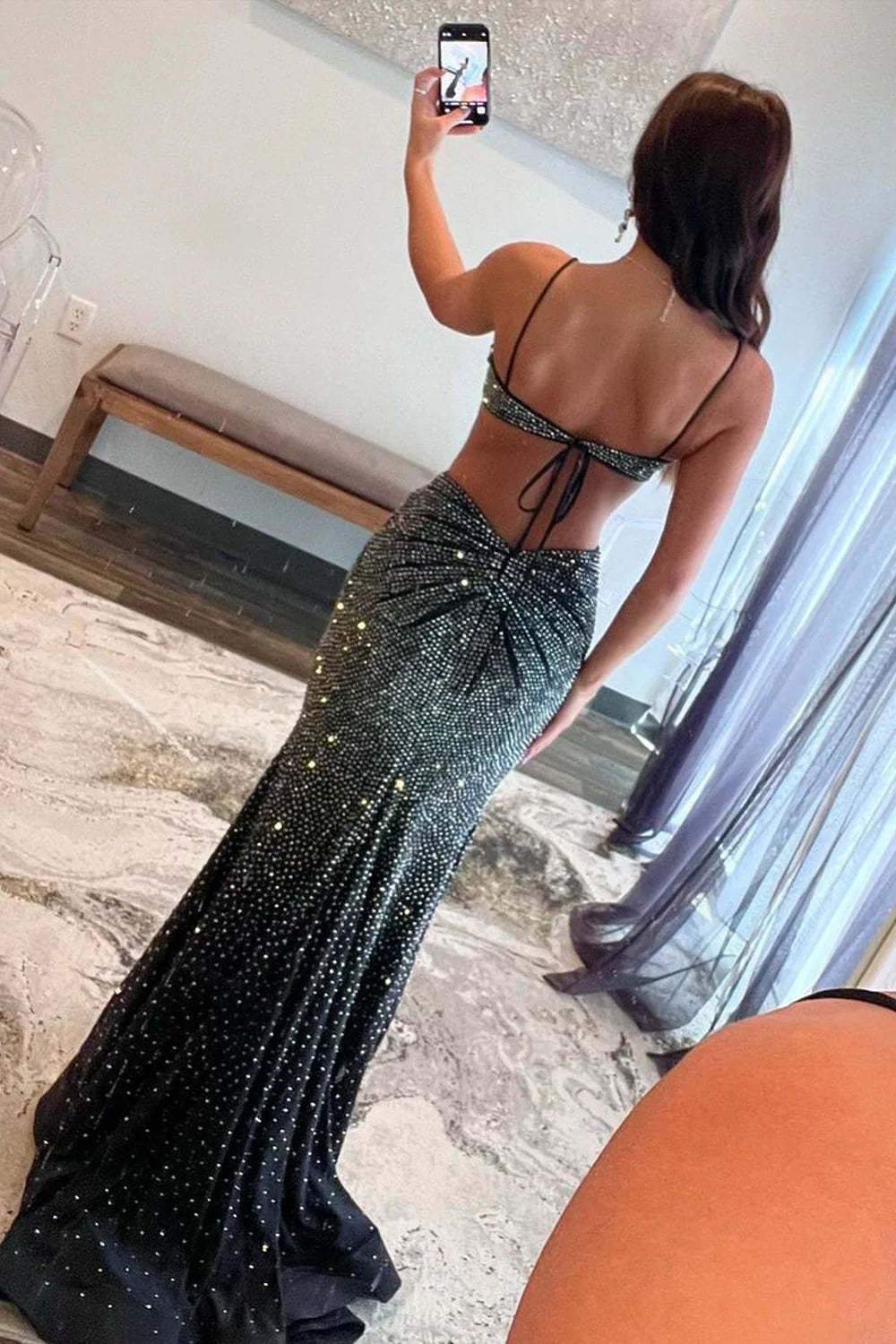 Black Glitter Fabric sheath-column scoop-neck open-back floor-length Dress - Jimiss