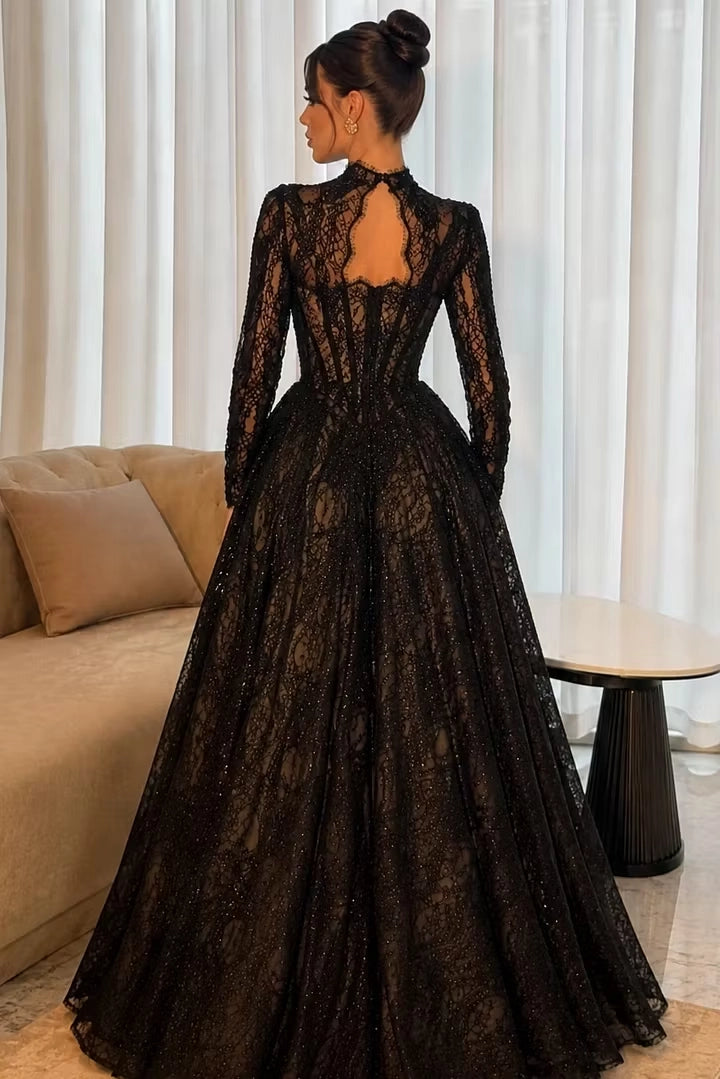 Black Glitter Lace Ball Gown High Neck Keyhole Back Floor-Length Dress Back View - Jimiss