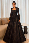 Black Glitter Lace Ball Gown High Neck Keyhole Back Floor-Length Dress Front View - Jimiss