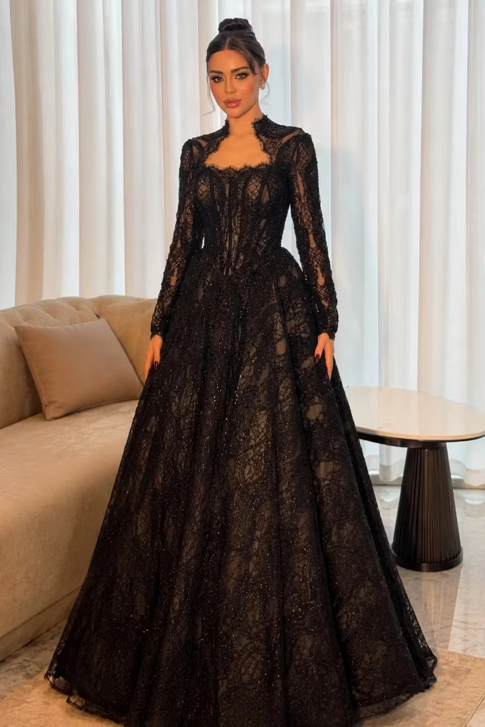 Black Glitter Lace Ball Gown High Neck Keyhole Back Floor-Length Dress Front View - Jimiss