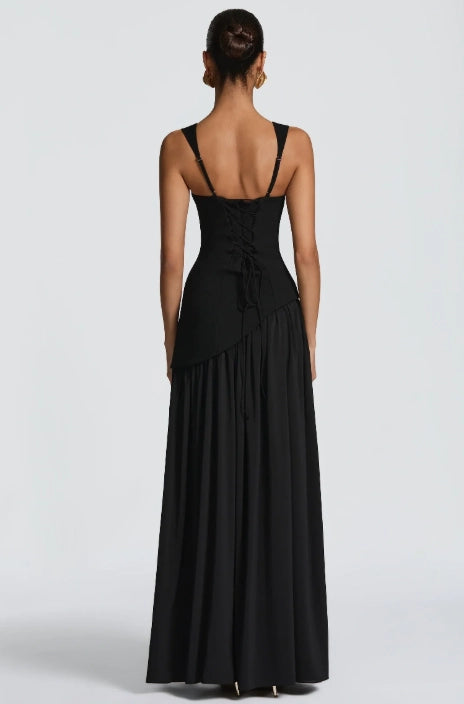 Black Jersey A-Line Straight Across Lace-up Back Floor-Length Dress Back View - Jimiss