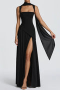 Black Jersey A-Line Straight Across Lace-up Back Floor-Length Dress Front View - Jimiss