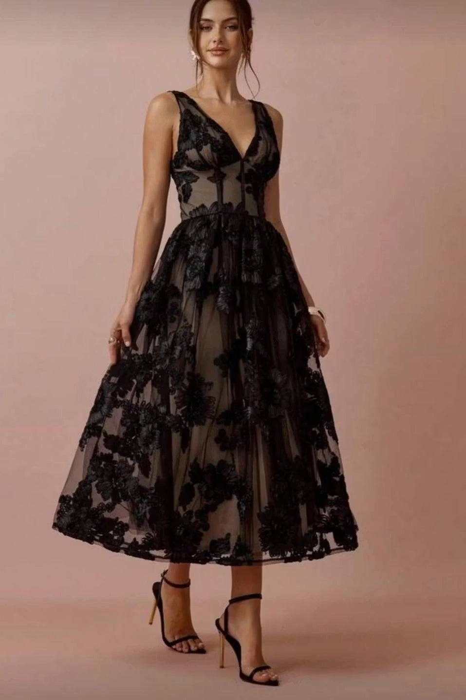 Black Lace A-Line V-Neck V-Back Tea-Length Dress - Jimiss