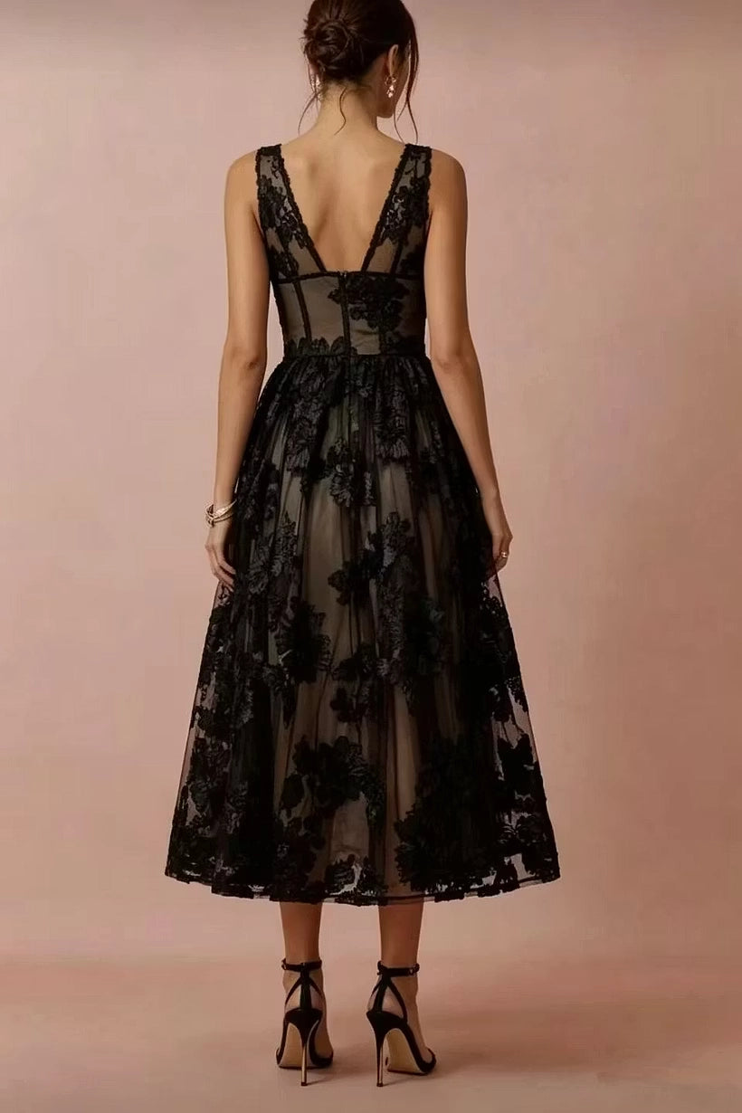 Black Lace A-Line V-Neck V-Back Tea-Length Dress - Jimiss