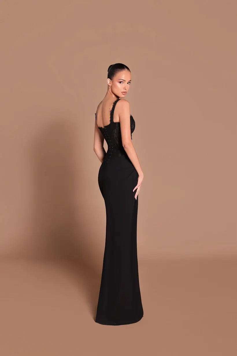 Black Lace & Crepe Sheath Column Sweetheart Lace Up Back Floor Length Dress Back View - Jimiss