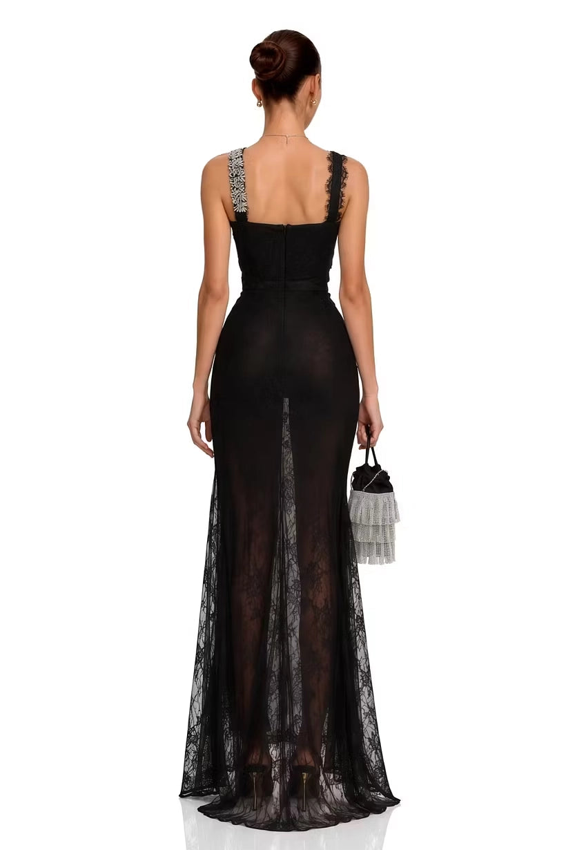 Black Lace & Mesh sheath-column one-shoulder zipper-back floor-length Dress Back View - Jimiss