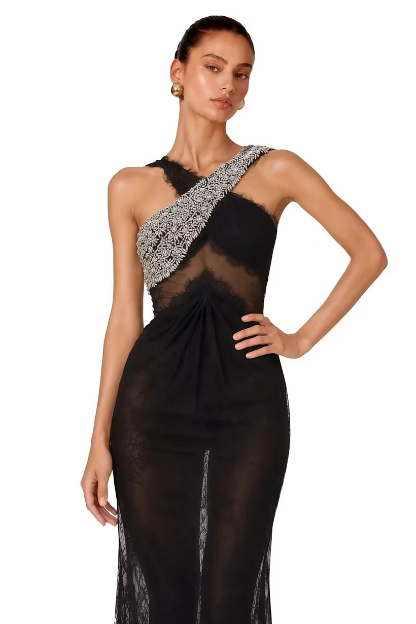 Black Lace & Mesh sheath-column one-shoulder zipper-back floor-length Dress Detail - Jimiss