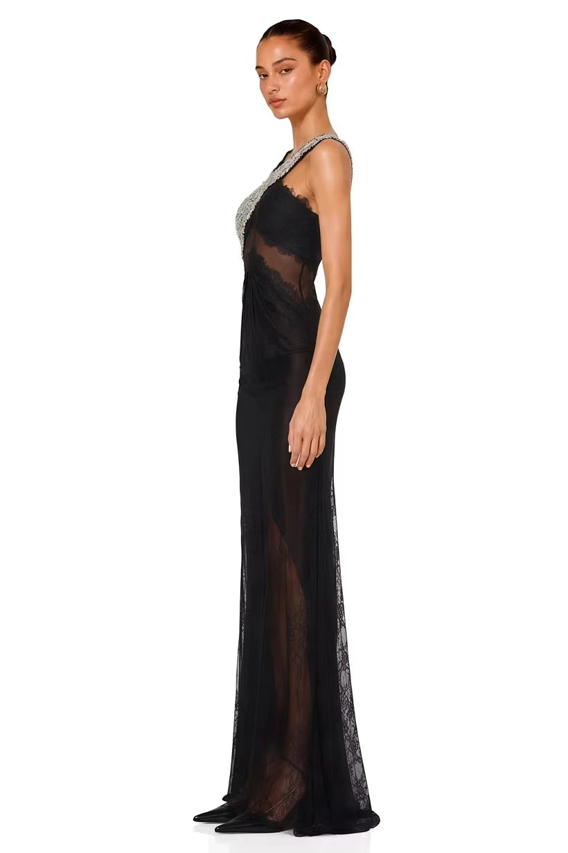 Black Lace & Mesh sheath-column one-shoulder zipper-back floor-length Dress Detail - Jimiss