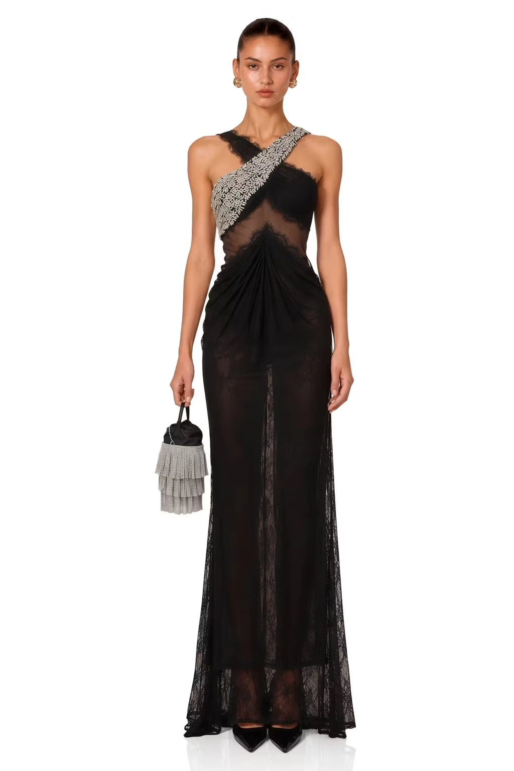 Black Lace & Mesh sheath-column one-shoulder zipper-back floor-length Dress Front View - Jimiss