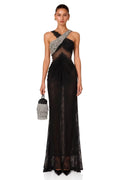 Black Lace & Mesh sheath-column one-shoulder zipper-back floor-length Dress Front View - Jimiss