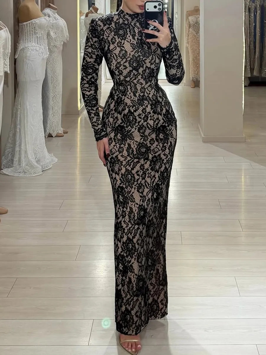 Black Lace sheath-column high-neck open-back floor-length Dress - Jimiss