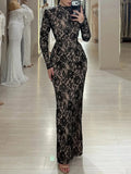 Black Lace sheath-column high-neck open-back floor-length Dress - Jimiss
