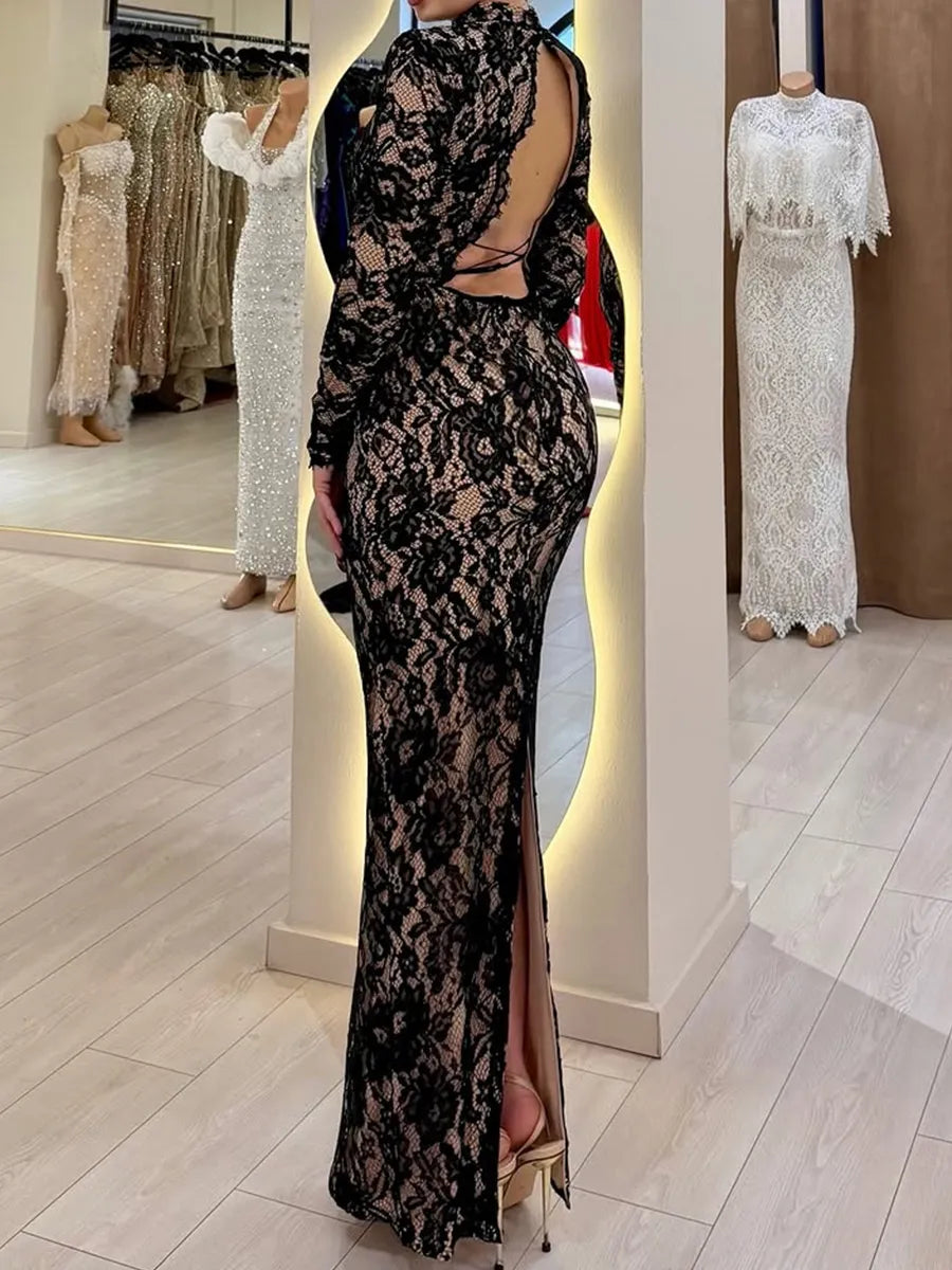 Black Lace sheath-column high-neck open-back floor-length Dress - Jimiss