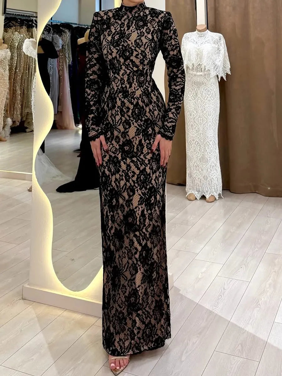 Black Lace sheath-column high-neck open-back floor-length Dress - Jimiss