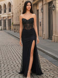 Black Mesh & Chiffon sheath-column sweetheart low-back floor-length Dress - Jimiss
