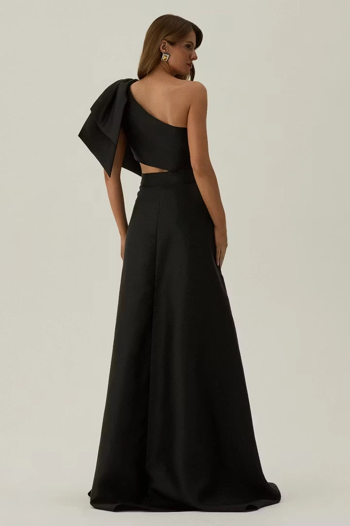 Black Satin A-Line One Shoulder Zipper Back Floor Length Dress Back View - Jimiss