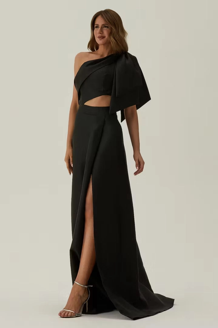 Black Satin A-Line One Shoulder Zipper Back Floor Length Dress Detail - Jimiss