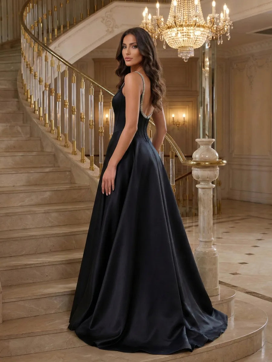 Black Satin A-Line Scoop Neck Low-Back Floor-Length Dress - Jimiss