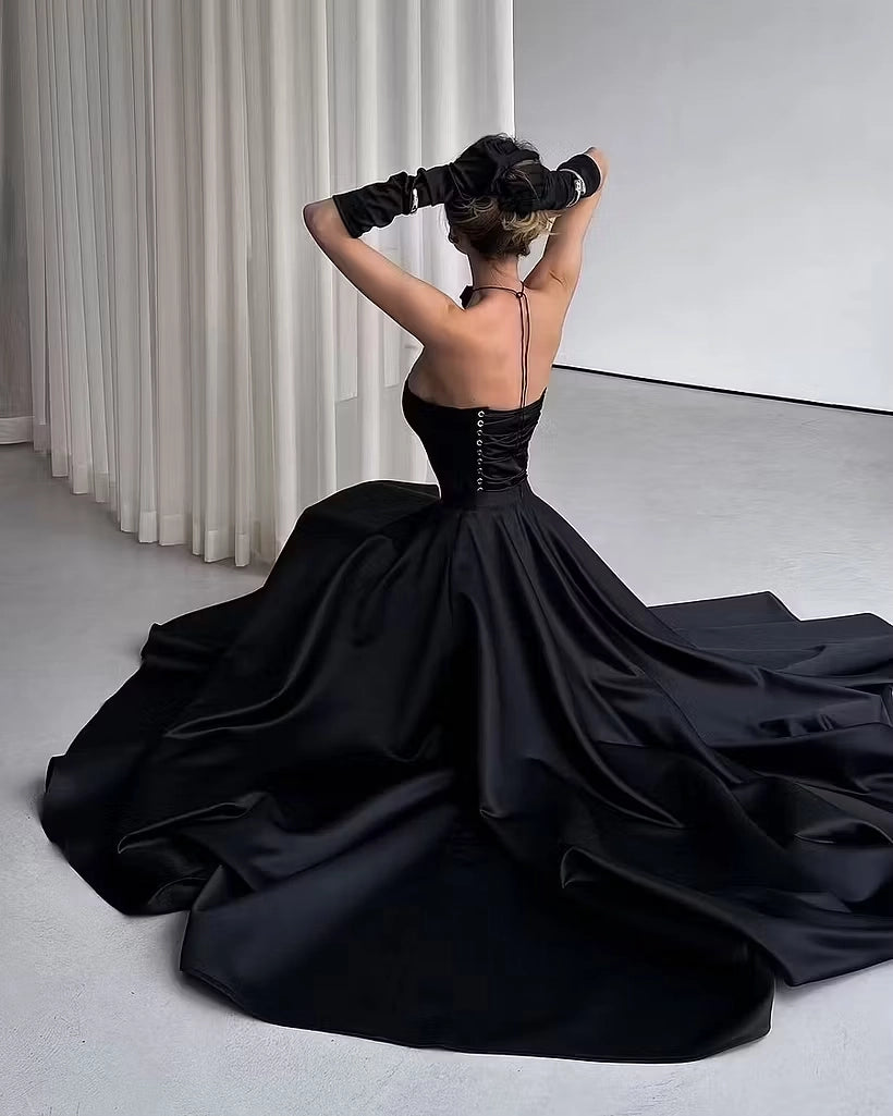 Black Satin A-Line Straight-Across Lace-Up Floor-Length Dress Back View - Jimiss
