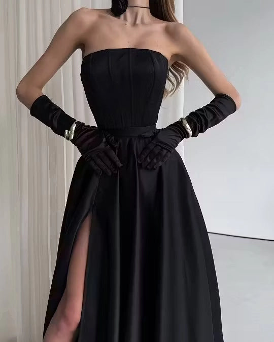 Black Satin A-Line Straight-Across Lace-Up Floor-Length Dress Detail - Jimiss