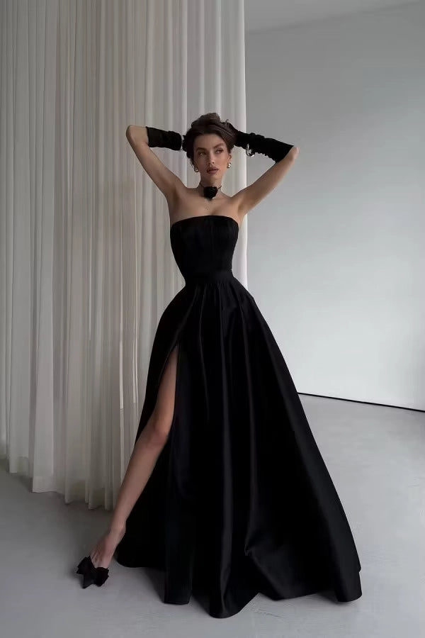 Black Satin A-Line Straight-Across Lace-Up Floor-Length Dress Front View - Jimiss