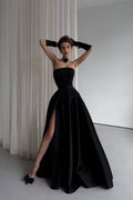 Black Satin A-Line Straight-Across Lace-Up Floor-Length Dress Front View - Jimiss