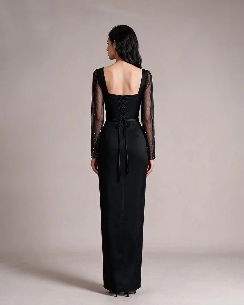 Black Satin and Mesh sheath-column sweetheart lace-up-back floor-length Dress Back View - Jimiss