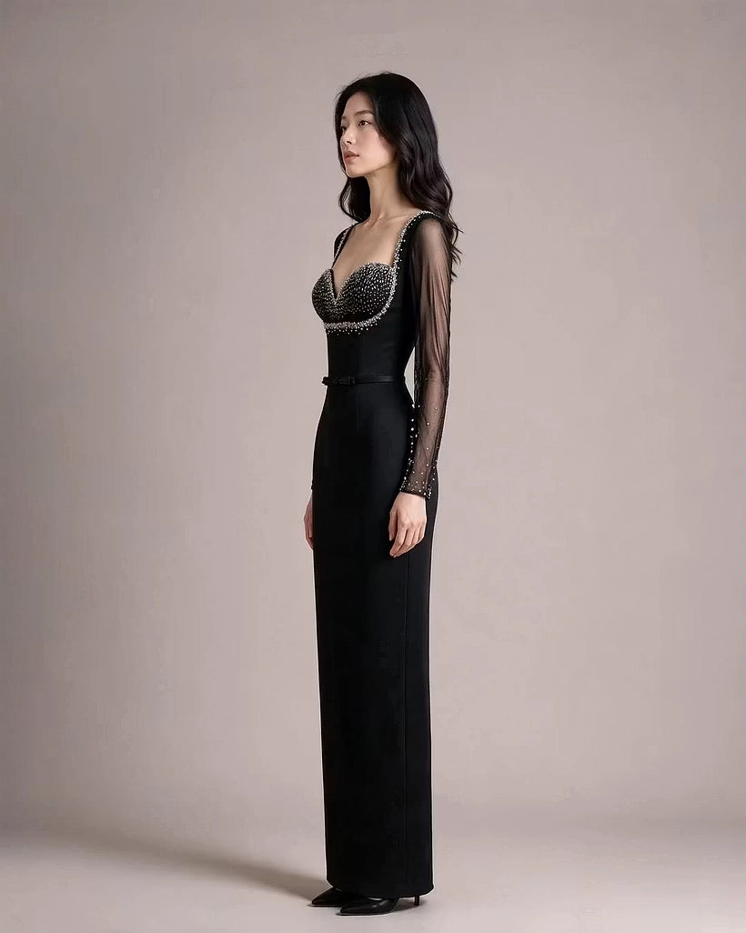 Black Satin and Mesh sheath-column sweetheart lace-up-back floor-length Dress Detail - Jimiss