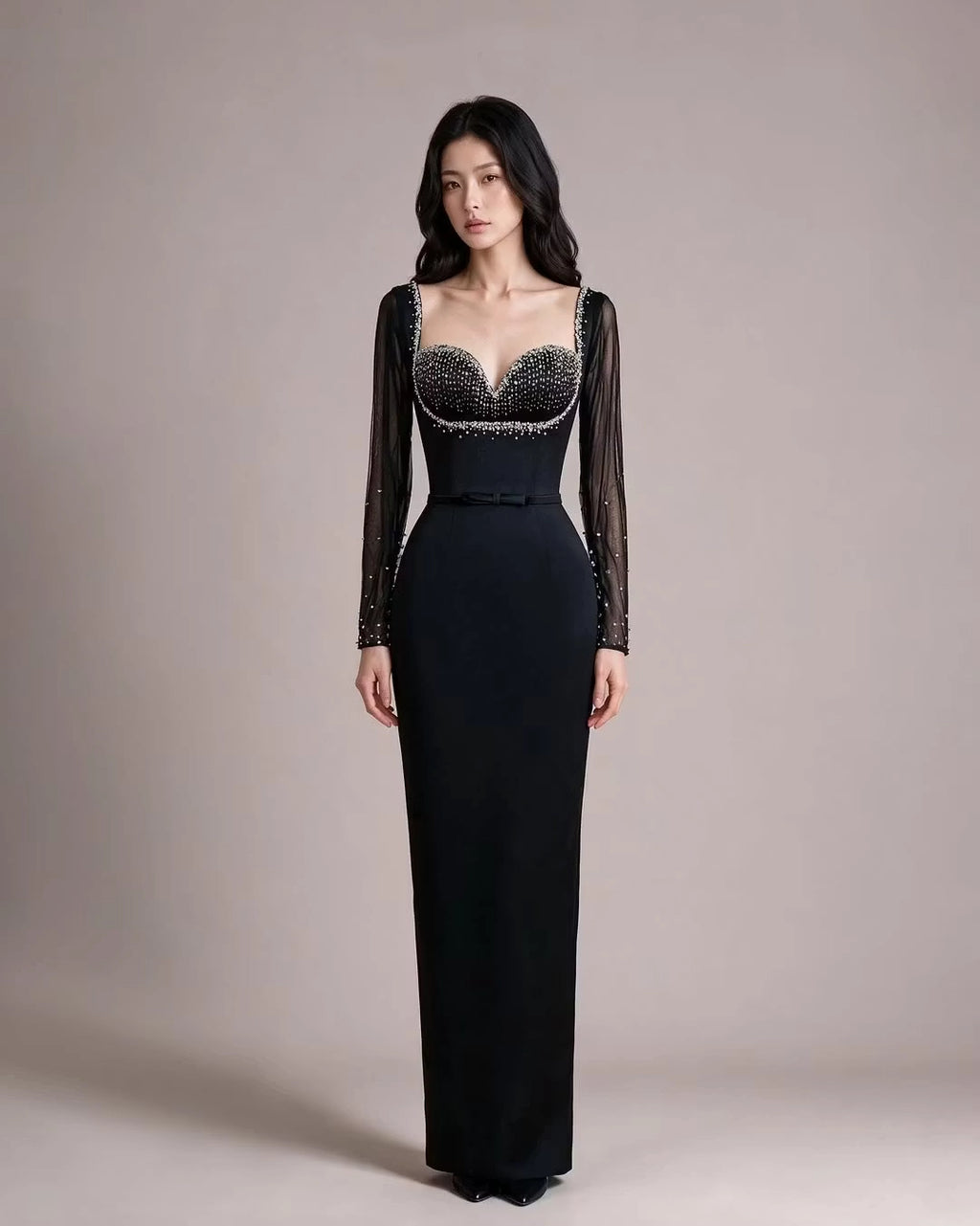 Black Satin and Mesh sheath-column sweetheart lace-up-back floor-length Dress Front View - Jimiss