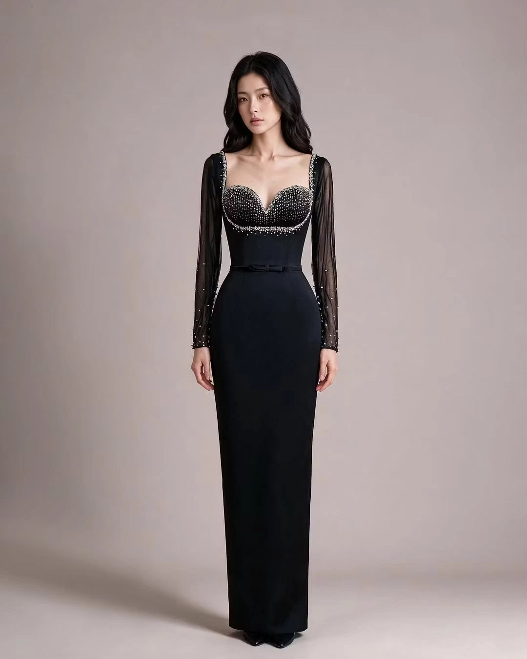 Black Satin and Mesh sheath-column sweetheart lace-up-back floor-length Dress Front View - Jimiss